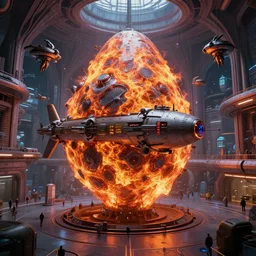 a fiery bulbous zaha hadid space station, city street, interior, inspired by a nuclear reactor submarine and maschinen krieger, ilm, beeple, star citizen, halo
