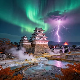himeji castle on danakil depression of the place with acid pools in mount roraima during autumn season on an interstellar aurora borealis with heavy thunder and lightning, pink waterfalls, volcanic eruption, by peter mohrbacher, james jean, james gilleard, greg rutkowski, vincent di fate, rule of thirds, octane render, beautiful landscape