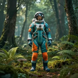 american astronaut in teal and orange suite, the forest plants environment wide angle cinematic lighting atmospheric realistic octane render highly detailed, octane render, in the style of craig mullins