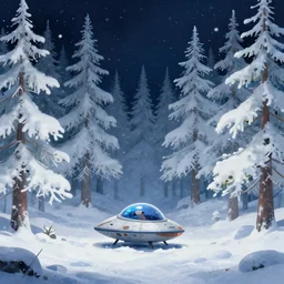 a small alien spaceship on the snowy ground in a forest of white fir trees at night. snowing. cyril roland. jim burns. naomi okubo. trending on artstation. digital painting.