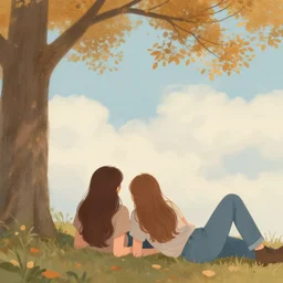 long shot pastel of young man and woman with long brown hair, laying under a tree looking at clouds autumn, ( ( ( wearing jeans ) ) )