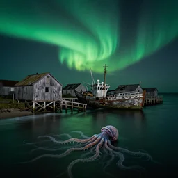 landscape view on an old decaying massachusset fishing village at night, a tentacled creature emerging from the ocean, night colors, high - key lighting, beautiful composition, intricate, gradient from green to black, pro photography by, highly detailed, digital painting, art by artgerm and greg rutkowski and alphonse mucha, smooth, sharp focus illustration