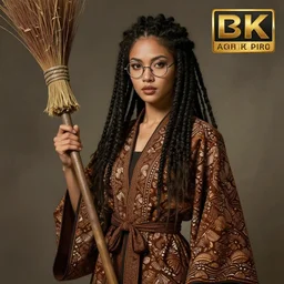 an anthropomorphic beautiful goddess female wizard portrait holding a broomstick wearing batik robe, round glasses, dreadlock breed hair, fine art, award winning, intricate, elegant, sharp focus, octane render, hyperrealistic, cinematic lighting, highly detailed, digital painting, 8 k concept art, art by jamie hewlett and z. w. gu, masterpiece, trending on artstation, 8 k