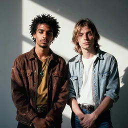 medium format photo of basquiat and kurt cobain photographed by annie leibovitz in a hi end photo studio, color, photorealistic,