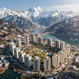 massive urban housing project on a high mountain valley with lakes and snowy mountains