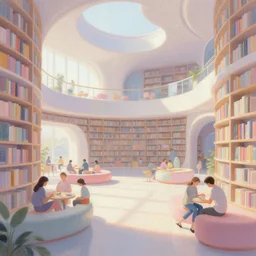 peaceful futuristic library with social spaces, concept art, pastel painting