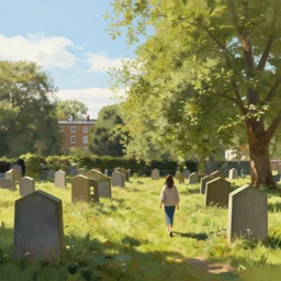 i walk in the rustic part of highgate cemetery, london. volumetric lighting, summer, late morning, clear weather, few clouds, realistic illustration, perfectly shaded, soft painting, art by krenz cushart and wenjun lin
