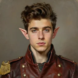 head and shoulders portrait painting of young man who looks like zayn malik as an elf by jeremy mann, wearing leather napoleonic military style jacket, only one head single portrait, pointy ears