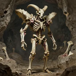 A spiked horned skeleton with armored joints stands in a large cave. Massive bones on the shoulders. Extremely high detail, realistic, fantasy art, solo, masterpiece, bones, ripped flesh, art by Zdzisław Beksiński, Arthur Rackham, Dariusz Zawadzki