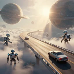 high detailed photorealistic image of a flying highways and cars, personalized robots, journeys between planets. by Tim Razumovsky. Retro Futurism inspired by Jacque Fresco. sun rays shine upon it. mist. science. unreal engine. octane render