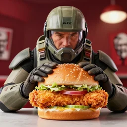 master chief eating a saucy chicken sandwich from kfc