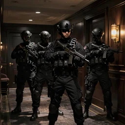 An elite swat team in a dark hotel