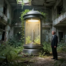 teleportation machine in an abandoned city, forgotten and overgrown with plants, light shining from the machine by anton otto fischer and rene magritte