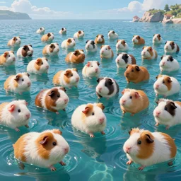 ultra realistic cute guineapigs everywhere is swimming in vast sea, by simon stalenhag, frank frazetta, greg rutkowski, beeple, yoko taro, christian macnevin, wlop and krenz cushart, epic fantasy character art, volumetric outdoor lighting, midday, high fantasy, cgsociety, cheerful colours, full length, exquisite detail, post - processing, masterpiece, cinematic