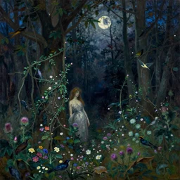 painterly dreamy dark midnight forest with trees, flowers, birds, barely seen women, liana, thistle and sky with moon and stars by Mikhail Vrubel, Alexei Savrasov, Aron Wiesenfeld, Ivan Kramskoi, dark fantasy, witcher, very detailed oil painting in the alla prima style, masterpiece, 8k