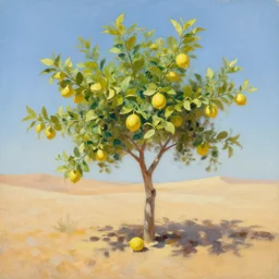 Lemon tree growing on a desert, sunny day, oil painting
