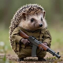 still image of an anthropomorphic hedgehog soldier wearing military gear, the hedgehog is holding a rifle, photo