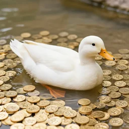 photo of a white duck swimming in a pool of gold coins