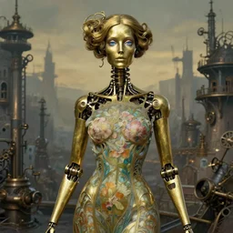 brass semi - mechanical woman, portrait, floral art nouveau dress, art by ardian syaf and moebius, blue eyes, in steampunk cityscape