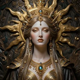 an extravagant elegant sun goddess detailed polished portrait shot by android jones luminokaya in visionary fineart style. fantastic realism. 8 k hyper ornated maximalist and very detailed. elite luxury decorative darkfantasy, goddess by andrei riabovitchev, tomasz alen kopera. influenced by bekinski, giger and peter gric