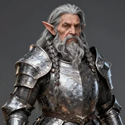 elderly female feminine dwarven heavyset fighter with long grey hairstyle and long beard in braids and wrinkled skin wearing full platemail armor by rossdraws