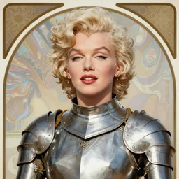 realistic detailed front view portrait of Marilyn Monroe as Joan of Arc, armoured , painted by Mucha , poster design, Art Nouveau