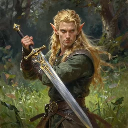 a beautiful portrait of an epic fantasy style mystical forest elf man with long blond hair holding a epic elven sword in the midst of a grassy meadow, oil painting, Greg Rutkowski, Charlie Bowater, swordsman, unreal 5, DAZ, hyperrealistic, octane render, RPG portrait, dynamic lighting, fantasy art, beautiful face