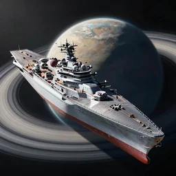 a large detailed battlecruiser orbing a ringed planet, maximum detail, octane render, ArtStation
