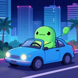 a tardigrade driving a car, miami, nighttime, synthwave, digital art
