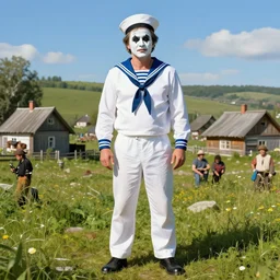 matt damon with white mime makeup on white face in white sailor costume, sailor cap, fullbody, russian village houses at background, sunny, by nicoletta ceccoli, mark ryden, lostfish, max fleischer, hyper realistic, artstation, digital art, matte paint, vivid colors, bright, detailed