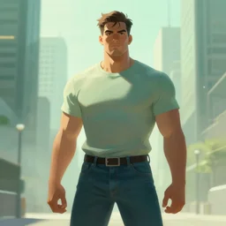 battle hardened, overpowering, pragmatic, charismatic character male wearing jeans and t - shirt, face centered portrait, confident, modern cityscape, outdoors, architecture, fog, sunny, volumetric lighting, illustration, perfectly shaded, greenish tinge, cold lights soft painting, art by krenz cushart and wenjun lin