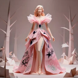 sculpture of a beautiful young female super model resembling alaska thunderfuck made out of peach ceramic and diamond wearing a pink tissue paper and onyx geometric gown by marc jacobs, paper graffiti, trees made out of origami, ethereal, fantasy, lawrence alma tadema, james jean, oozium, peter morbacher, angelarium, alchemy, luxury, heavenly light, soft illumination, cinematic lighting, very detailed, 3 d octane render, artgerm, trending on artstation, cgi society