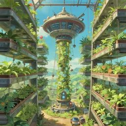 vertical farming, solarpunk, studio ghibli, octane render, 4 k