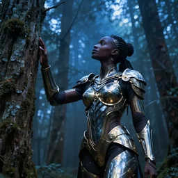 hyperrealistic very beautiful! black woman with detailed exoskeleton armor, touching tree in a forest, digital art masterpiece brad kunkle, dramatic blue light low angle hd 8k sharp focus