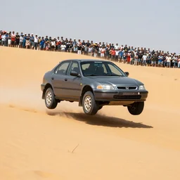 grey Honda Civic 2001 jumping over dune desert in the 2003 Dakar rally. Many spectators watch large crowd. stock 2001 Honda civic with rusted panels old. Cannon Photo 45mm wide angle full view un cropped. 720p photo by Jesse Alexander.
