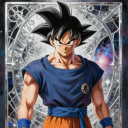 breathtaking detailed painting of goku ultra instinct by ayami kojima, ruan jia and brom, in a soft nebulae sky with silver stained glass, 8 k, concept art, matte, sharp focus, rembrandt style