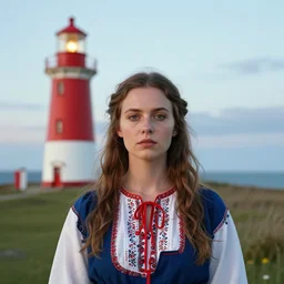 beautiful woman faces camera. folk horror. lighthouse. colourful. realistic