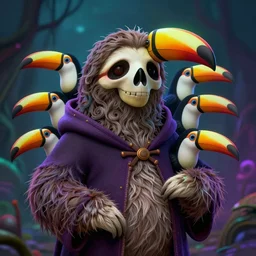 realistic bipedal sloth character, long curly fur, full skull shaped face cover, mage robe based on a toucan, 6 toucan beaks, in the style of zdzislaw beksinski, stylized, video animation, hogwarts legacy, chromatic aberration, super natural, neon glow