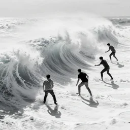 multiple persons breaking the rules and breaking the waves, concept art, high contrast, on white, shadows