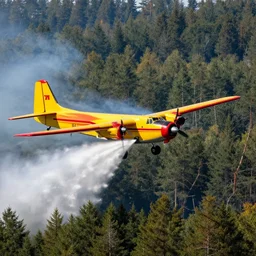 a antonov airplane ( with yellow and red paint like a fire plane ) extinguishing a forest fire with absurd amounts of water, artistic photo
