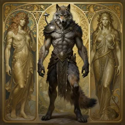 a detailed full body portrait of wolfman, by greg rutkowski and justin gerard, digital art, monstrous, art nouveau, baroque style, realistic painting, very detailed, fantasy, dnd, character design, trending on artstation