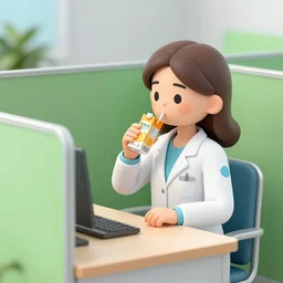 a render of a cute brown haired female doctor sitting behind a desk in a square green cubicle, sipping juice from an orange juice box, wearing a white coat. Rendered with unreal enginer, 8k resolution, ultra hd.