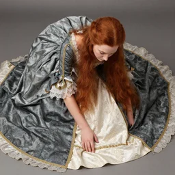 of very long. ginger hair put down teenagers girl wearing a court rococo baroque marie antoinette ball dresses 1 8 th century renaissance historical period dress gown for women