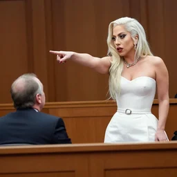 lady gaga in the witness stand of a courtroom pointing at the hamburgler who is sitting at the defendant ’ s table