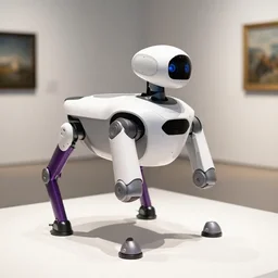 a white boston dynamics robot spot with one purple leg in a gallery