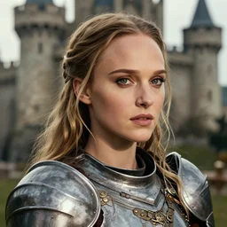 head and shoulders portrait of a female knight, young natalie portman, steampunk, silken blonde hair, armored, athletic, fantasy castle, vogue fashion photo