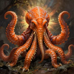 center focus zoological portrait of orange cthulhu by james jean