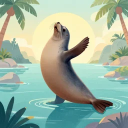 an illustration of a seal dancing in the paradise, by brad holland