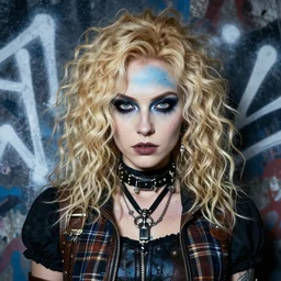 highly detailed closeup portrait of a sewer punk lady paladin, tartan vestments, curly blonde hair by atey ghailan, by greg rutkowski, by greg tocchini, by james gilleard, by joe fenton, by kaethe butcher, gradient, blue, black, brown and cream color scheme, grunge aesthetic!!! white graffiti tag wall background