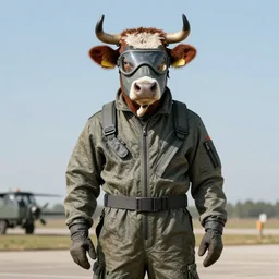 a highly detailed ultra realistic photograph of a cow dressed in a fighter jet jumpsuit and mask